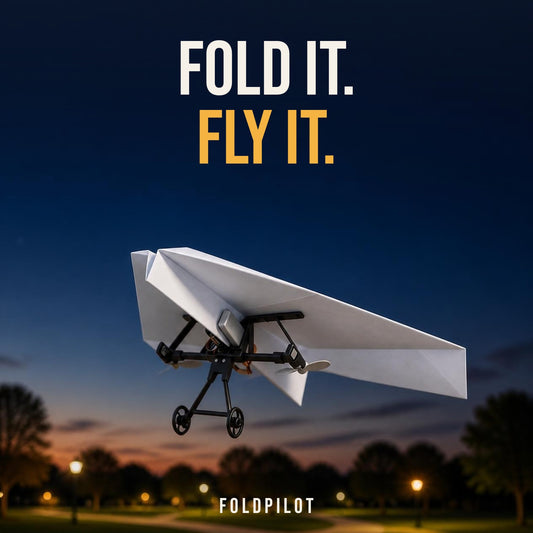 FoldPilot RC paper airplane flying at dusk