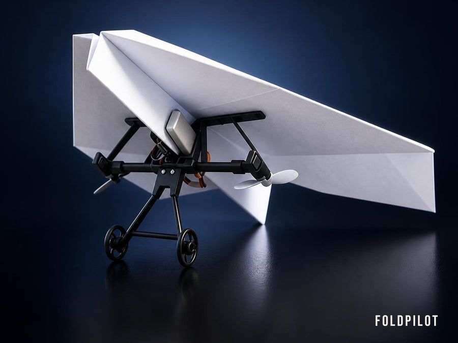 FoldPilot power module clipped onto a paper airplane