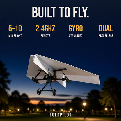 FoldPilot specs: 5-10 minute flight, 2.4GHz remote, gyro stabilised, dual propellers