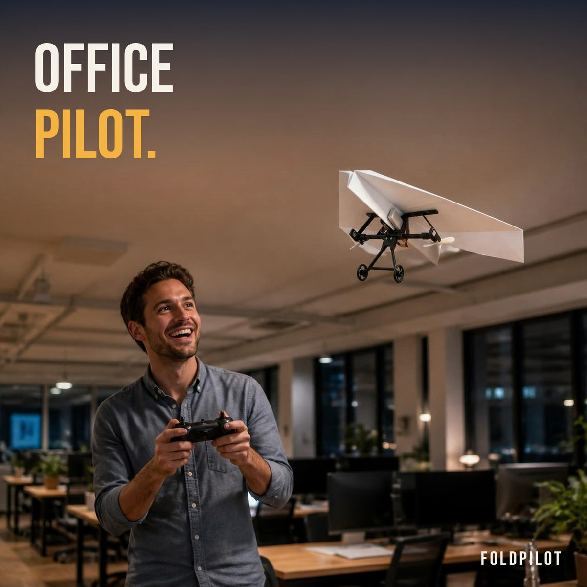 Man flying FoldPilot through an office