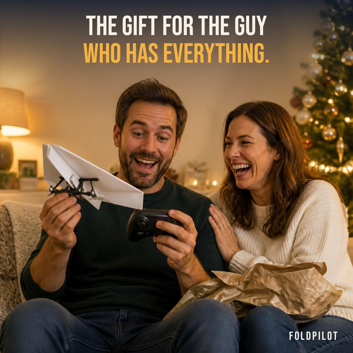 Man unwrapping FoldPilot as a Christmas gift