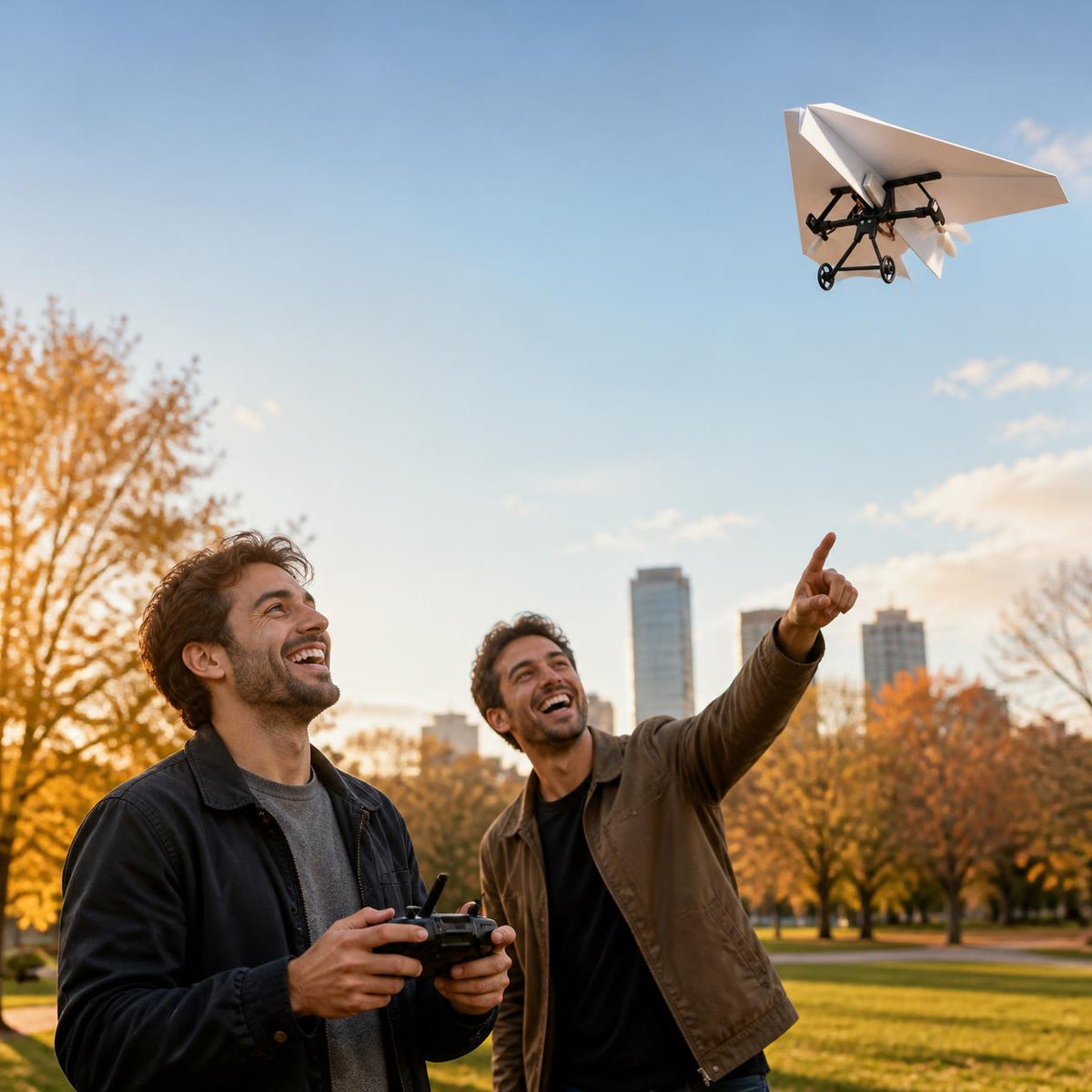 Two friends flying the FoldPilot RC paper airplane in a park